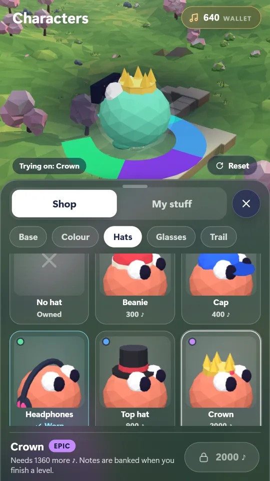 The Characters screen: the runner in 3D trying on a crown, with the hat choices and their prices below.