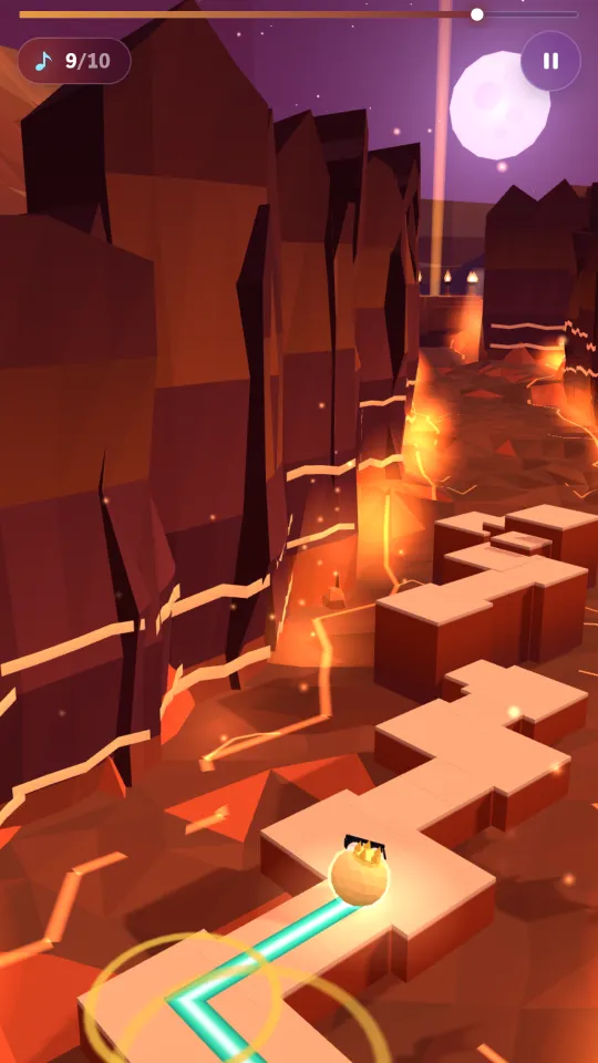Ember Canyon: a golden runner in a crown follows a teal trail along a stepped path beside glowing lava under a purple moon.