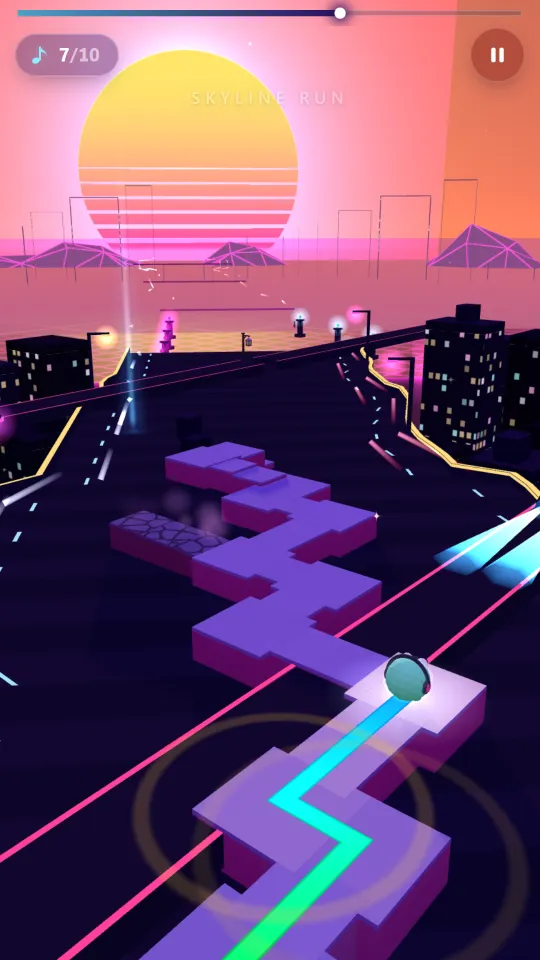 Neon Drift: the runner, wearing headphones, leaves a glowing cyan trail along a purple path past dark towers and a striped neon sun.