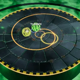 Sludge Sumo: a green glass ball and a yellow one scuffle on a round steel platform above a pool of green goo.