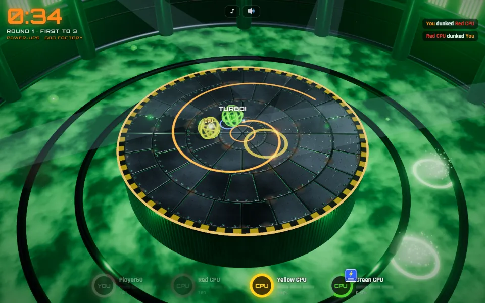 A round of Sludge Sumo on the Goo Factory arena with power-ups on: a green and a yellow caged ball on a round steel platform over green goo, the timer at 0:34 and four player badges along the bottom.